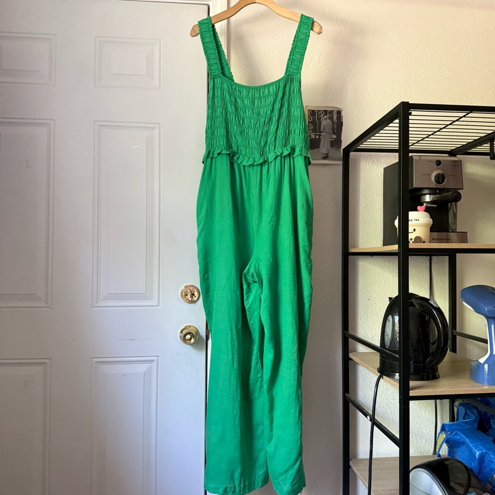 IF BY SEA‎ Kelly green linen smocked ruched ruffle sleeveless jumpsuit